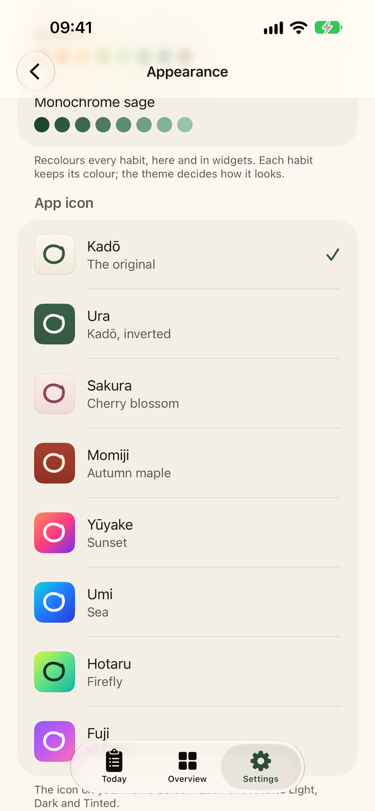Appearance settings with habit colour palettes and alternate app icons
