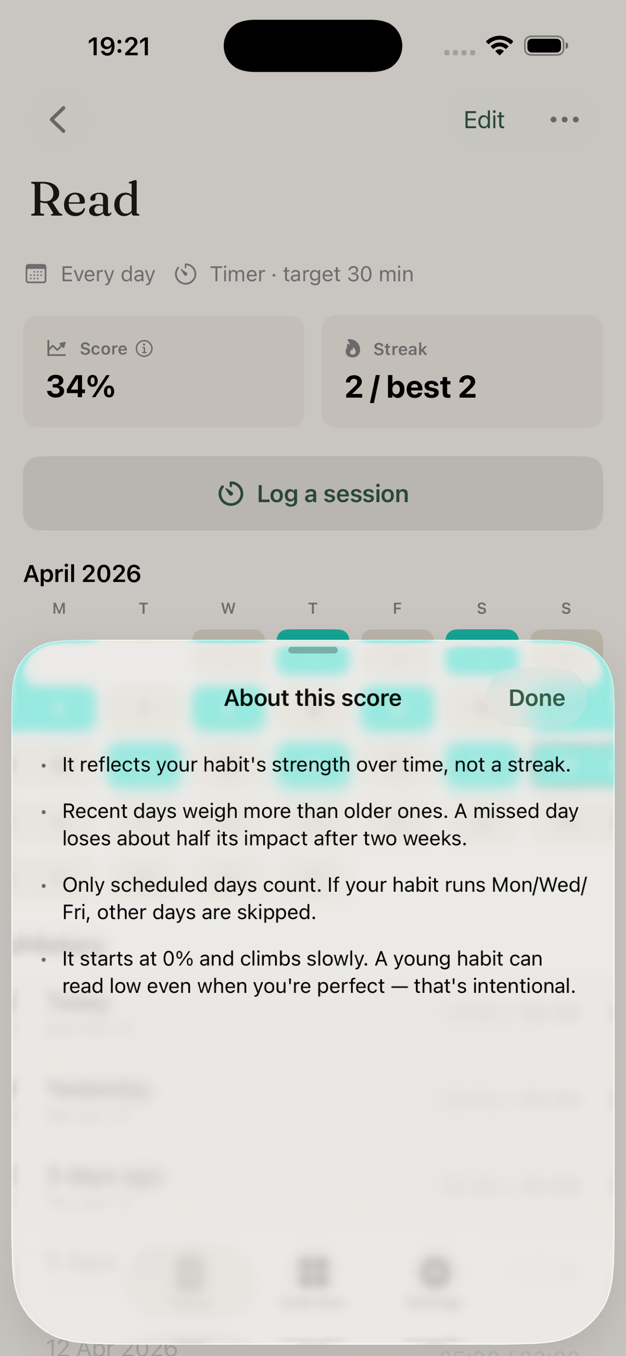 Habit detail with monthly calendar and habit score popover