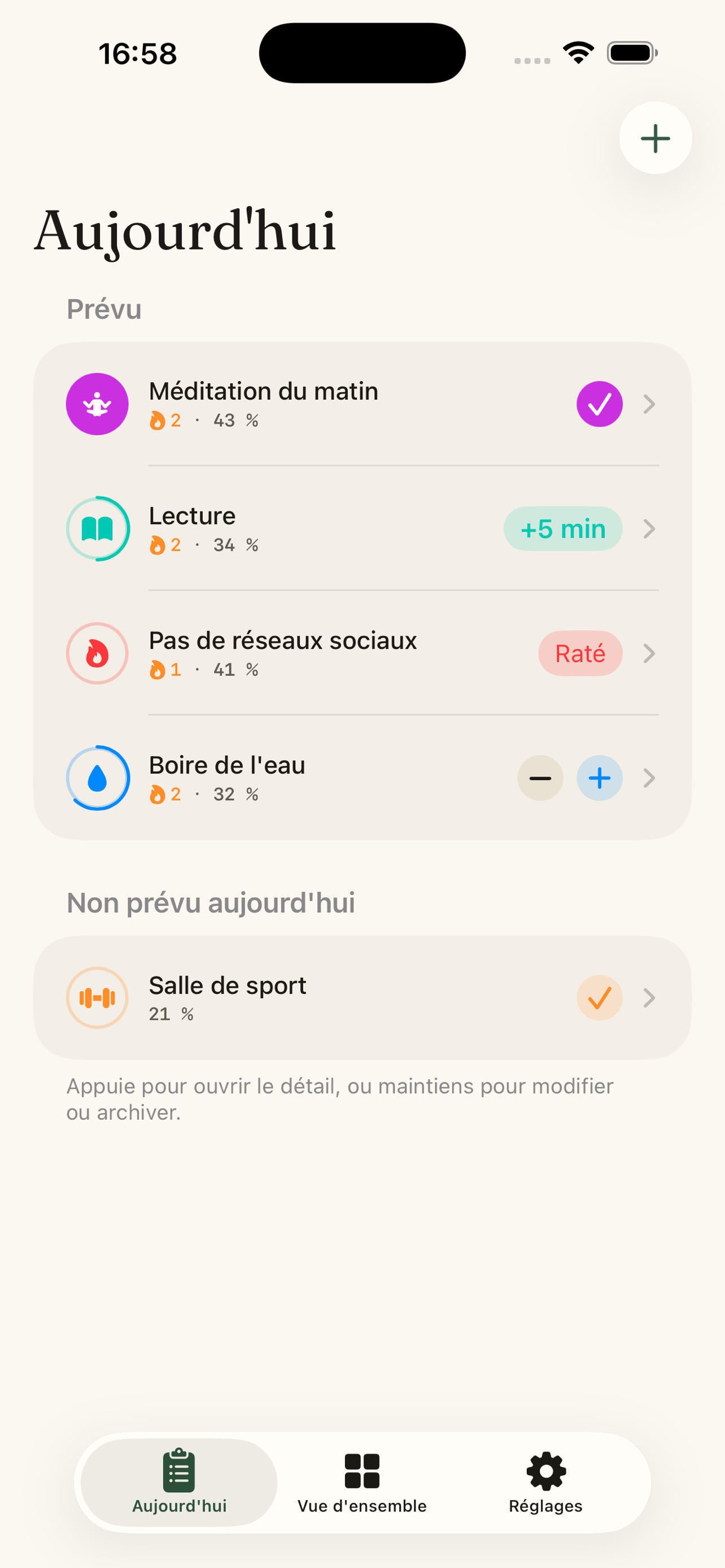 Vue Aujourd'hui avec les habitudes du jour