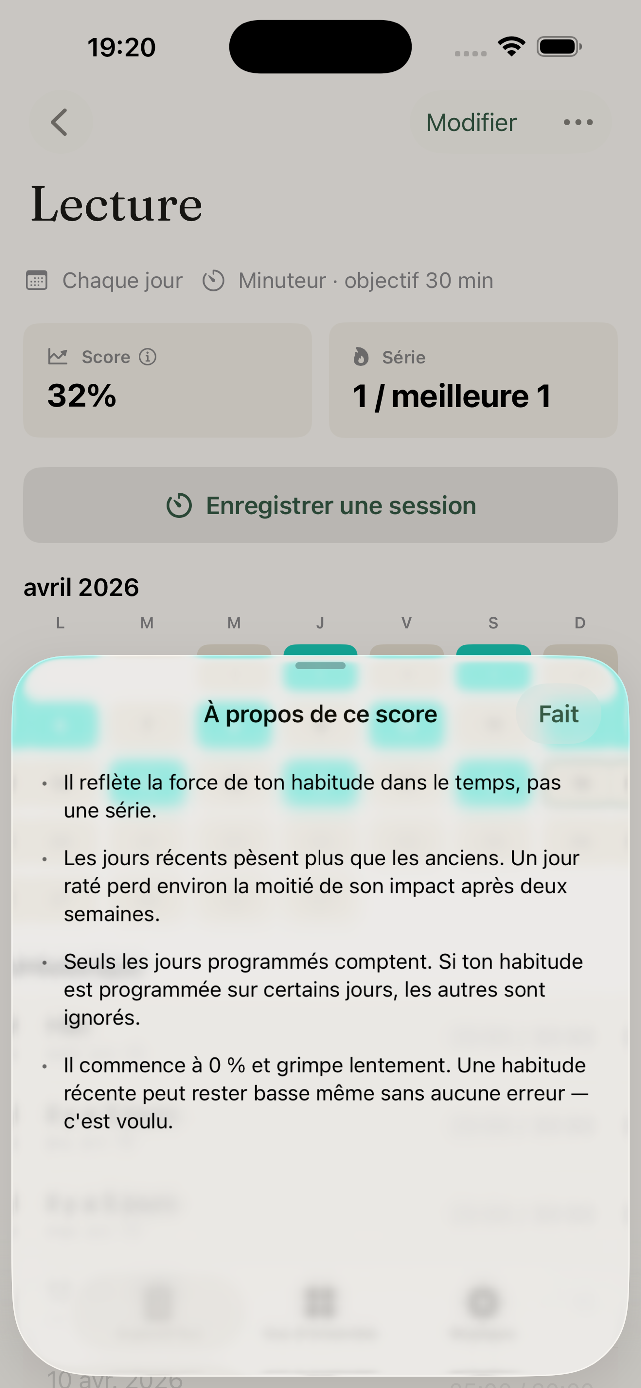 Détail d'une habitude avec calendrier mensuel et popover du score