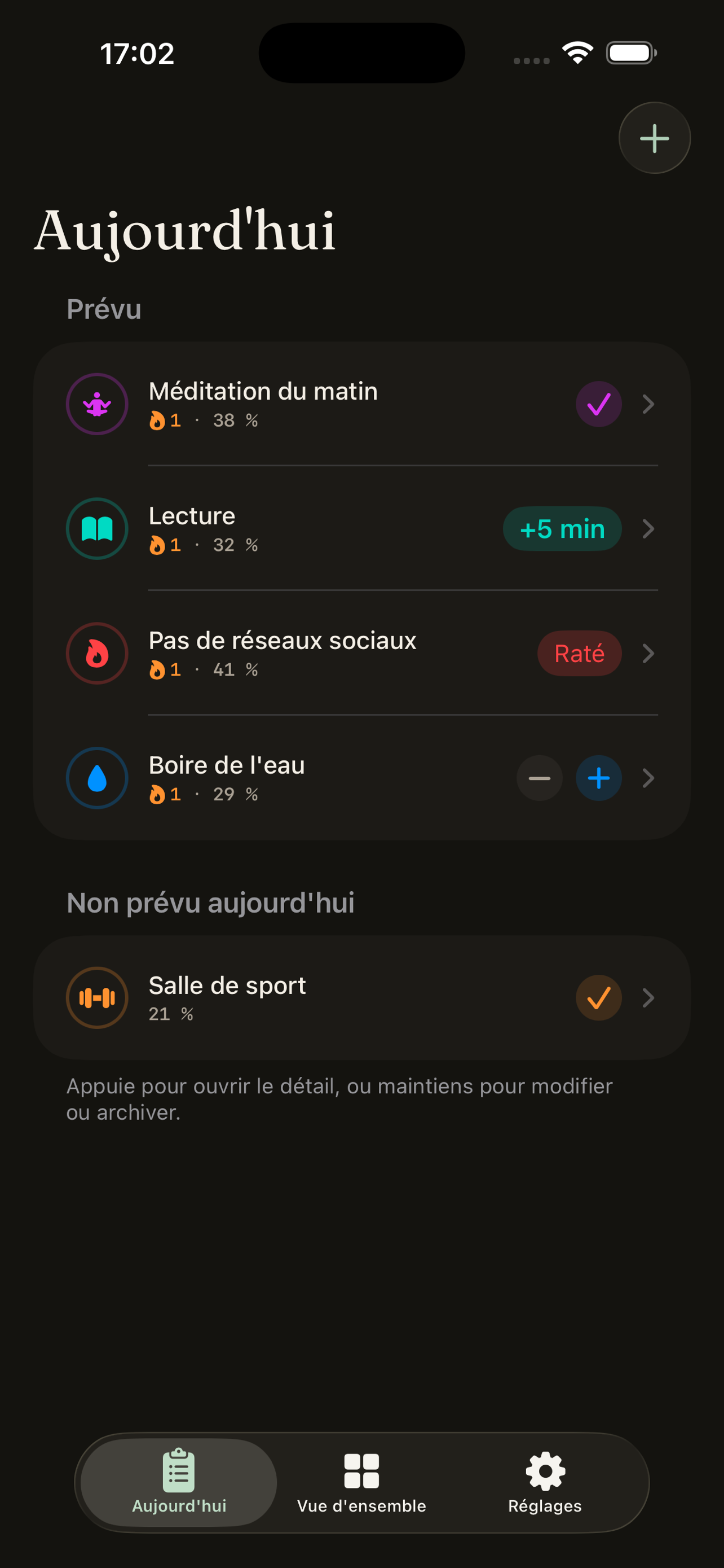 Vue Aujourd'hui en mode sombre