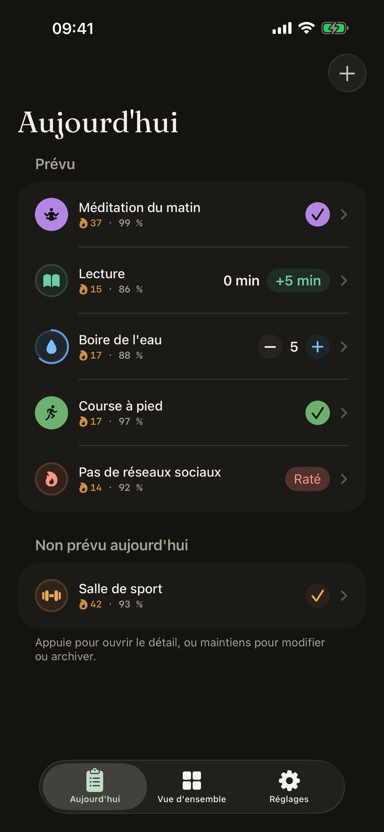 Vue Aujourd'hui en mode sombre
